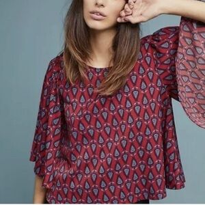 Anthropologie Isla Maude Red Blue Printed Short Sleeve Blouse NWT Size L